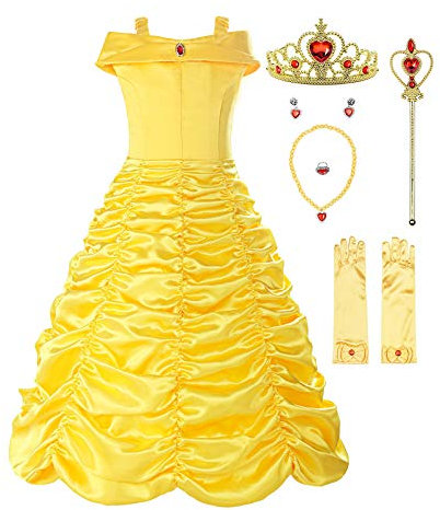 ReliBeauty Ragazza Principessa Belle Vestit Giallo Principessa Bambina Costume,con Accessori,5-7anni/ 112-124cm(Etichetta130)