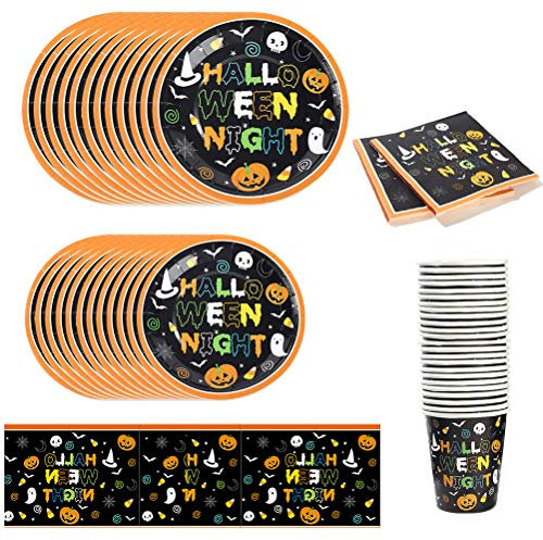 INTVN Set di stoviglie a Tema Halloween di Carta USA e Getta - Servizio per 24 Persone - Ottimo per Le Feste e Party - Set Completo di Tazze, 9 pollici Piatti, 7 pollici Piatti,tovaglioli e tovaglia