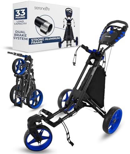 SereneLife Golf Cart Lightweight Foldable Golf Push Cart - Aluminum Folding Trolley with Adjustable Handle, Elastic Bag Straps, Dual Brakes, Scorecard & Cup Holders for Easy Maneuverability