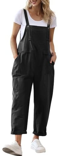 YESNO Women's Dungarees Loose Casual Plus Size Lightweight Sleeveless Overall Long Jumpsuit Playsuit Trousers Pants Dungarees (L PV9UK Black)