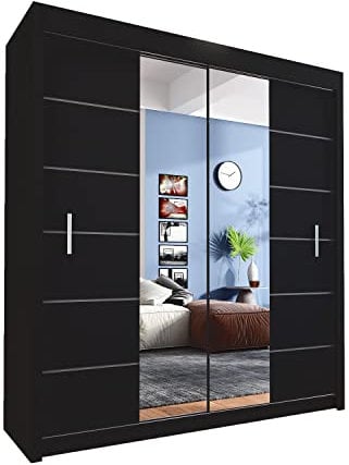 INTERWOOD Modern Mirror Sliding Doors Wardrobe, featuring double sliding Doors, Hanging Rails & Adjustable Shelves, offers Space Saving solutions for Bedroom furniture in Matt finish 180cm(black)