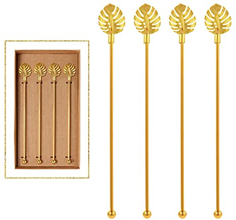 Stainless Steel Coffee Beverage Stirrers Stir Cocktail Drink Swizzle Stick with Palm leaf Metal Top,4PCS GOLD stirrer