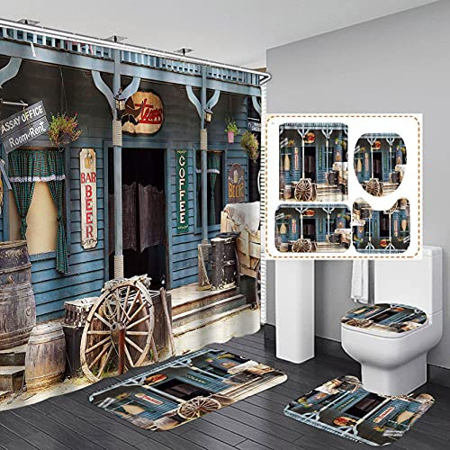Jayden&Madge Texas Beer Bar Stoff Duschvorhang, lustiges Cowboy-Bart-Schild, Land-Cafe, Weinfass, Waggonrad, rustikales Holzhaus, Western-Badezimmerdekor, rutschfester Badvorleger, WC-Vorleger, blau