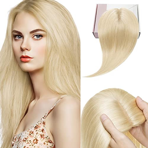 Elailite Clip in Hair Topper, Frauen Toupet Haarteil Echthaar Blond, 15cm 27g Clip in Extensions Haarteil, 130% Dichte Remy Silk Base Glatt 6, #613 Gebleichtes Blond