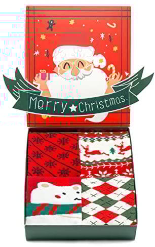 Tassorm 4 Paar Weihnachtssocken Damen und Herren Unisex Einheitsgröße in Geschenkbox, Christmas Socks mit Weihnachtsmotive Geschenkideen Baumwolle Weihnachten Socken (Weihnachtsmuster)