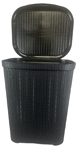 Rattan Design Plastic Laundry Hamper Storage Basket 55L With Lid (Black)
