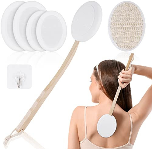 URAQT Brosse de Bain à Long Manche, 7PCS Applicateur Crème Dos, Brosse de Douche pour Dos de Douche à Bulles à Une Touche, Brosse dos Douche pour Exfoliante, Améliore la Circulation Sanguine(Blanc)