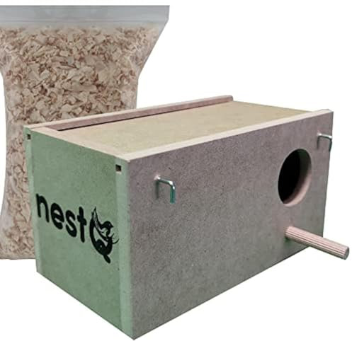 nestQ Nistkasten für Wellensittiche: Holznistkasten mit Spänen als Nestfüllung, Brutkasten für Vögel für den Käfig - Ideal zur Zucht Ihrer Vögel - Abmessungen 20,5 cm x 11,5 cm x 11 cm
