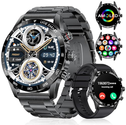 LIGE Montre Connectée Homme 1,43'' AMOLED, Montre Connectée avec Appel Bluetooth Assistant Vocal, 2 Bracelets, Autonomie de 15 Jours,124 Modes Sportifs Smartwatch pour iOS Android