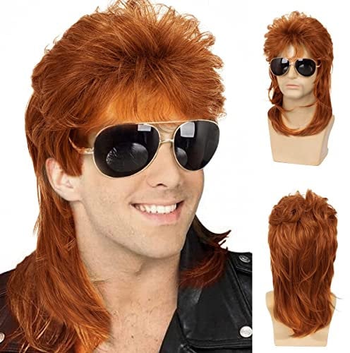 Herren Vokuhila Perücken Orange Lockig 70er 80er Jahre Cosplay Kostüm Perücke Retro Punk Rocker Disco Synthetische Vollperücken
