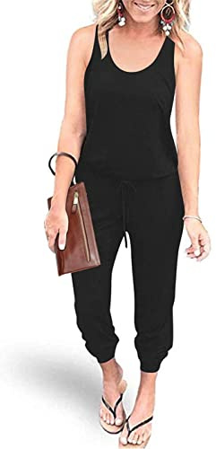YUNDAI Womens Jumpsuits One Piece Casual Off Shoulder Playsuit Sleeveless Overalls Elastic Waist Stretchy Romper with Pockets Small,Black