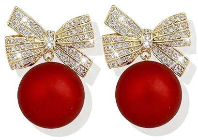Christmas Earrings Red Pearl Bow Earrings Pearl Drop Earrings for Women Rhinestone Bow Earrings for Women Trendy Stuff Christmas Gifts 2024