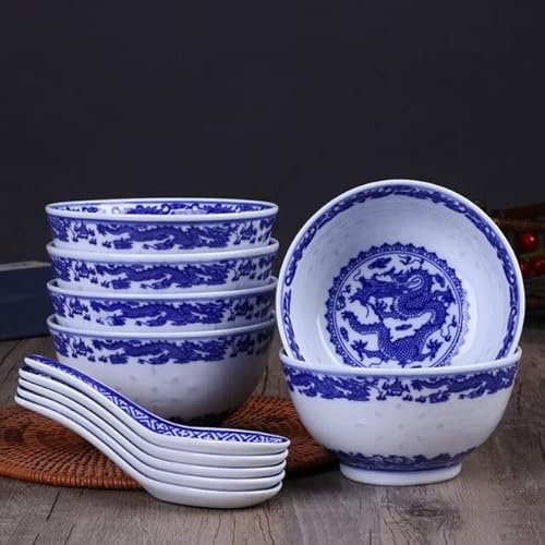 YAHU 6 pièces 4.5 Pouces Jingdezhen Bols à Riz en Porcelaine Bleu et Blanc cuillère à Soupe Ramen Bol Dragon Chinois Accessoires de Cuisine en céramique