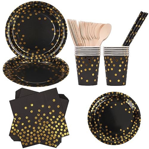 Trimming Shop 80pcs Polka Dot Party Tableware Set Disposable Paper Party Tableware Dinnerware - Plates Cups Napkins Dinner Cutlery Forks Spoons Straws for Wedding Birthday Anniversary, Black