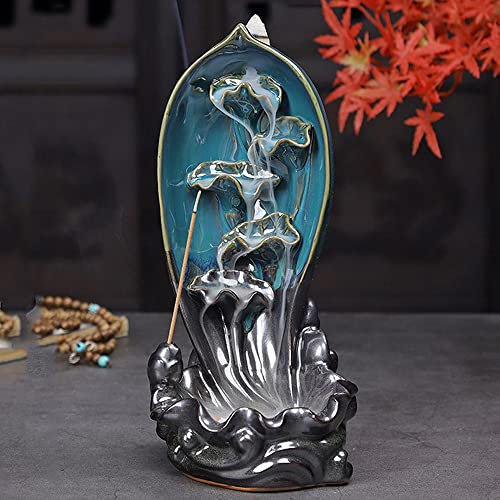 Brûleur d'encens à refoulement en céramique avec 40 cônes d'encens + 30 bâtons d'encens + 1 pince à épiler + 1 tapis pour aromathérapie, méditation, décoration d'intérieur, bleu