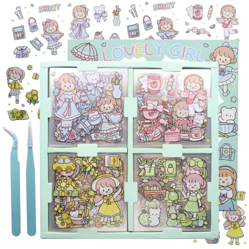 100 Stück Cartoon Mädchen Aufkleber Set mit 2 Pinzette Kawaii Sticker Cute PET Transparent Dekorative Kawaii Scrapbook Aufkleber Wasserdichte für DIY-Kunsthandwerk, Tagebuch, Fotoalbum Dekorieren