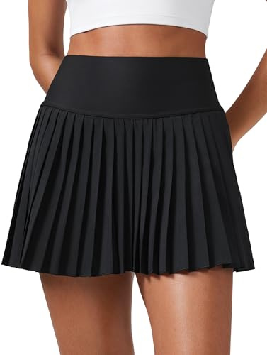 CRZ YOGA Women's High Waisted Pleated Tennis Skirts with Pockets Tummy Control Casual Liner A Line Workout Golf Skorts Black Small