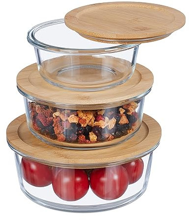 Relaxdays Boîtes Alimentaires avec Couvercle, Lot de 3, Diff. Tailles, Verre et Bambou, hermétiques, transparant/Nature
