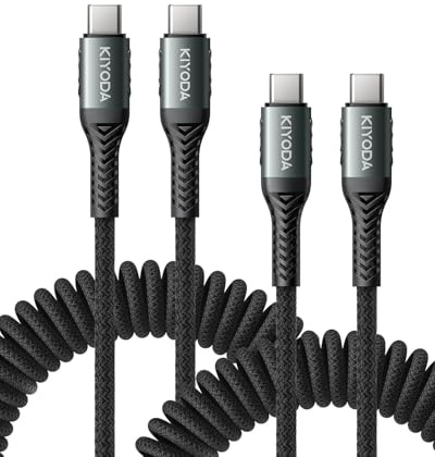 USB C to USB C Cable Coiled 3FT 2Pack, Braided Type C Charger for Car-Black | 66W Fast Charging Cord Compatible with iPhone 17 16 15, iPad, Sam sung Galaxy, Google Pixel, Moto, TCL Phones