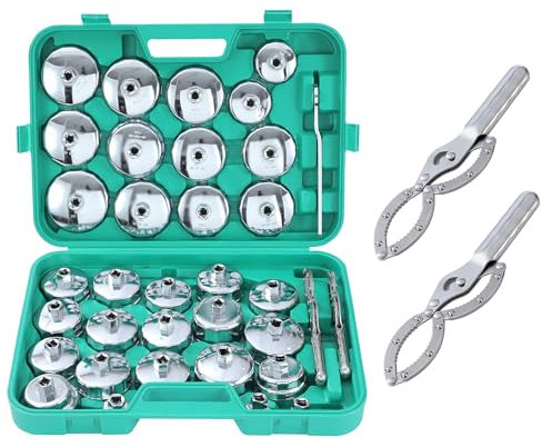 TOPWAY Oil Filter Socket Wrench Cup Type Set 35PCs with 2 Handcuffs Type Adjustable Oil Filter Wrench & Spanner, 1/2 Inch Hex Drive Stainless Steel for Most Vehicles Auto Repairing