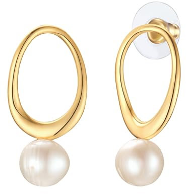 Yokoamii Damen Ohrringe aus Metall gelbvergoldet 14 Karat mit potato Süßwasser-Zuchtperle ca. 9,0-9,5 mm Modeschuckohrhänger