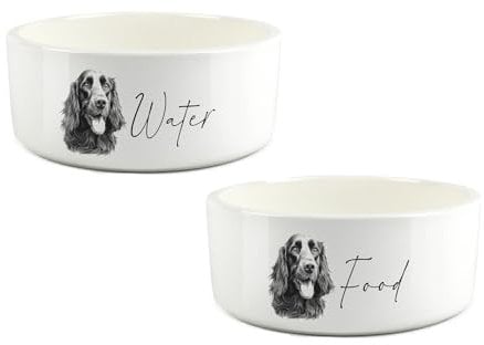 Cocker Spaniel Pet Bowl Set - Black Sketch Food & Water Ceramic Food Bowls - Large White Feeding Dishes For Dogs (Set of 2)