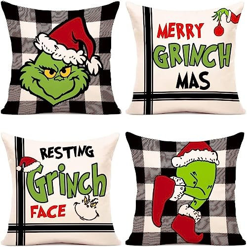 FELOTA Grin-ch Anime Bedruckt Quadrat Kissenbezüge, Weihnachten Dekorativ Dekokissenbezüge, Kissen Fall Deko für Bett/Sofa Wohnzimmer-Multicolor 8||45x45cm