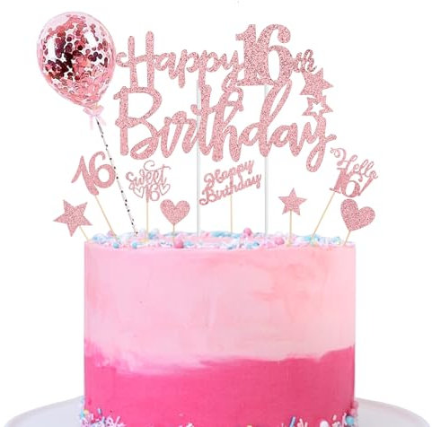 ALEGRE Tortendeko 16 Geburtstag Mädchen Junge,10 Stück Sweet 16 Deko Torten,Happy 16th Birthday Cake Topper Rosegold,Hello 16 Kuchen Deko 16 Geburtstag,Glitzer Geburtstagsdeko 16 Jahre