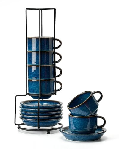 HOME DECOR Espressotassen Set - Reaktive Glasur Prozess - 6 x 140 ml Kaffeetassen mit Unterteller & Ständer - Edle Keramik Tassen für Espresso, Cappuccino und Latte - Reaktivglasurblau