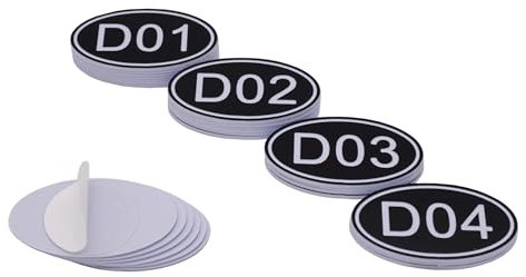 NanTun Paquete de 50 placas de identificación ovaladas negras para taquilla, números de mesa, 30 mm x 50 mm, plástico ABS con números grabados, D01 a D50