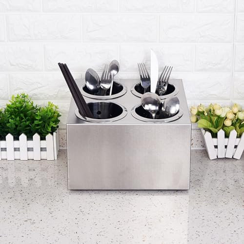Porta Utensilios Cucharas Caddy,Porta Utensilios Acero Inoxidable Doble Fila 4 Compartimentos Cubiertos Contenedor de Almacenaje para Cocina Restaurantes