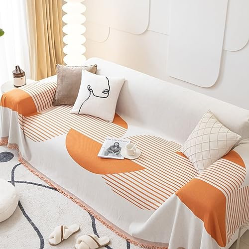 Bishilin Couchbezug Eckcouch 4 Sitzer, Sofa Überzug Nordisch 180x400CM Orange Geometrie Gestreift mit Quasten 180x400CM Sofaüberwurf rutschfest Sofabezug Universal