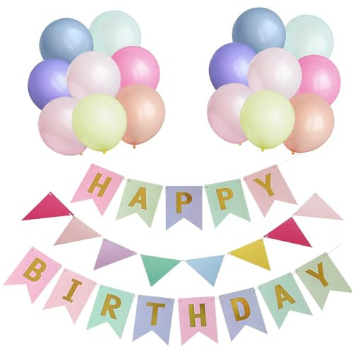 Macaron Luftballons Geburtstag Dekoration Set, Macaron Farbe Geburtstagsdeko Happy Birthday deko Banner Party Deko Geburtstag Set mit 16pcs Luftballons Dreiecksflaggen Girlanden(Macaron+SJQ)