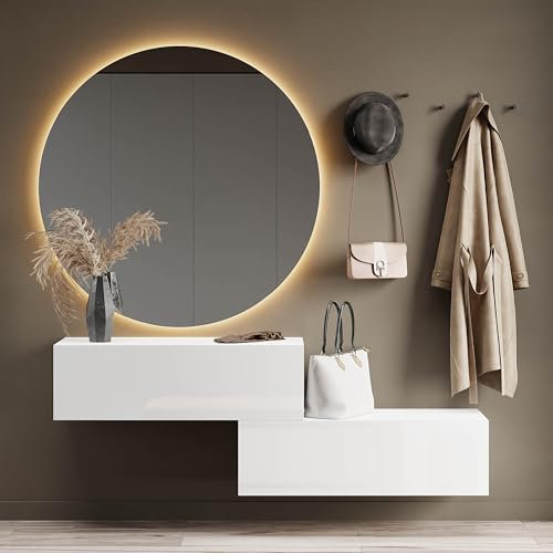 Planetmöbel Flurgarderobe 2X 100 cm inkl. Spiegel rund mit Beleuchtung 100 cm, Weiß, Flur Möbel mit Spiegel, 2X 37,8T x 100B x 32,5H cm