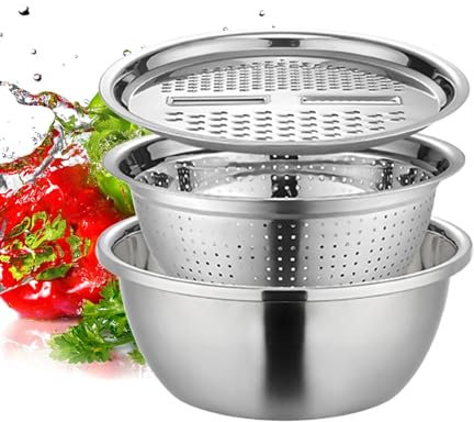Aznever Passoire Avec Bol Inox, Passoire, Passoire À Egoutter En Acier Inoxydable, 3 En 1 Saladier Et Coupe-légumes Multifonctionnel À Fruits, Passoire De Cuisine Inox, Panier Égouttoir Avec Plateau