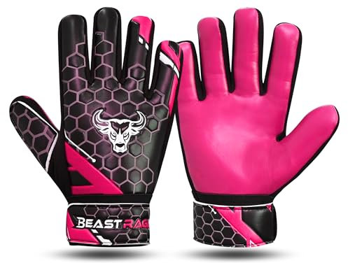 BEAST RAGE Fußball-Torwarthandschuhe für Jungen und Kinder, Jugendliche, Fußball-Torwarthandschuhe mit starkem Halt für die härtesten Einsparungen, Handgelenkstütze, 4 mm Latex-Handfläche (Rosa, Größe