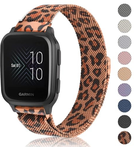 Amzpas Garmin Armband 20mm für Garmin Venu/Venu 2 Plus/Venu Sq/Venu Sq 2 Music Damen Herren,Edelstahl Mesh Metall Ersatzarmbänder für Garmin Venu Sq 2(Leopard)