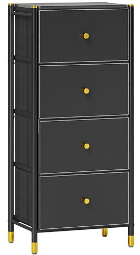 HOMCOM Schlafzimmer-Stoff-Truhe 4 Klappschubladen Schwarz | PU-Fronten, Stahlrahmen, Kommode für Schlafzimmer/Wohnzimmer