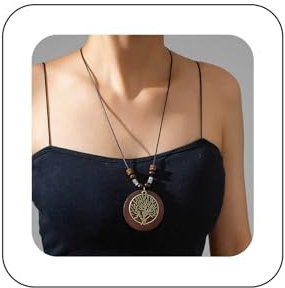 Inilbran Collana Di Legno Boho Ciondolo Rotondo Etnico Albero Della Vita Collana Girocollo Vintage Nero Impermeabile Cera Collana Corda Regolabile Albero Rotondo Lunga Catena Collana Gioielli Per Le