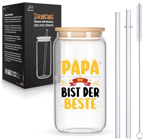 Joymaking Trinkgläser mit Deckel und Strohhalmen für Eiskaffee Cocktails Fruchtlikör Eistee Soda 17oz, Longdrinkgläser Geschenk für Papa, Vatertagsgeschenk, Bester Papa Geschenk