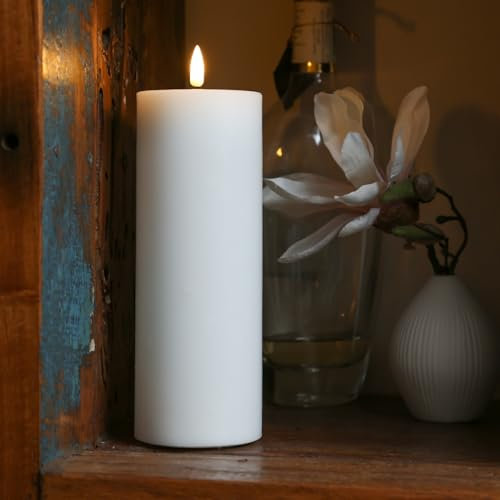 LED Kerze Echtwachs Deluxe Homeart realistische 3D Flamme mit Wachsspiegel weiß (D: 7,5cm - H: 20cm)