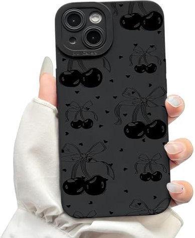 NITITOP Compatible with iPhone 15 Plus Case Cute Bowknot Cherry Pattern Little Heart for Women Girl Soft TPU Shockproof Protective Phone Cover Girly - Black