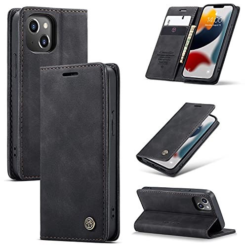 owlhold Handyhülle iPhone 13 Mini klapphülle Premium Lederhülle Weiches Vintage-Nubukleder Faltbare Ständer Schutzhülle Kartenfach Standfunktion hülle iPhone 13 Mini - Schwarz