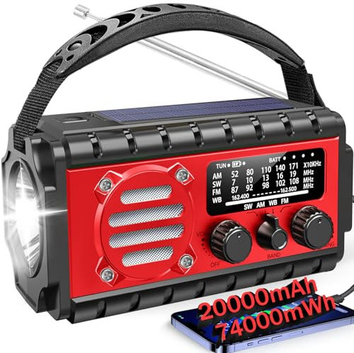 Aivica Radio meteorológica SW/NOAA/Am/FM Eergency, 20000 mAh/74000 mWh, Radio roja