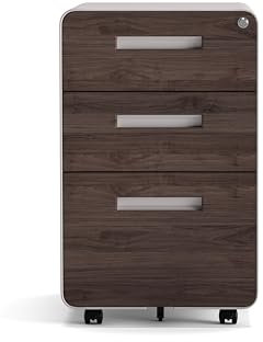 Kenoko Caisson de Bureau Mobile Design Moderne IWA avec 3 Tiroirs | Meuble Rangement Bureau | Métal Robuste | Roulettes avec Blocage | Caisson sur Roulettes | 40x50x60 cm | Couleur: Noyer/Blanc