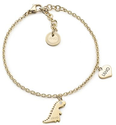 Armband von Liu Jo aus der Kollektion Teen Collection. Schmuck aus Stahl in der Farbe Gold, verziert mit einem Anhänger in Form eines Dinosauriers und Zirkonia. Größe: 17 cm. Die Referenz ist: LJ1903