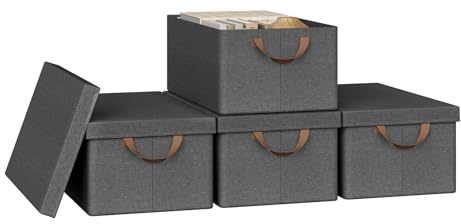 WOLTU Faltbare Aufbewahrungsboxen 4 Stück, Stoffboxen mit Deckel, Aufbewahrungskörbe für Spielzeug, Kleidung, Bettdecke, Grau, 48x29x20cm