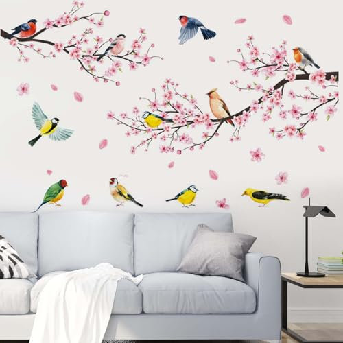 2PCS Wandtattoo Kirschblüte Blumen Rosa Wandaufkleber Blüten Vögel auf Baum Ast Wandsticker Wohnzimmer Schlafzimmer Mädchenzimmer Wanddeko(30 * 90cm)