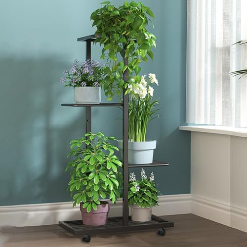 UUE Blumenständer,4 Stöckiger 5 Fächer Pflanzenständer, Blumenregal aus Metall, 82cm Pflanzenregal, Blumenregal Pflanzenregal mit Rollen, Mehrstöckig Blumentreppe für Innen Garten Balkon, Schwarz