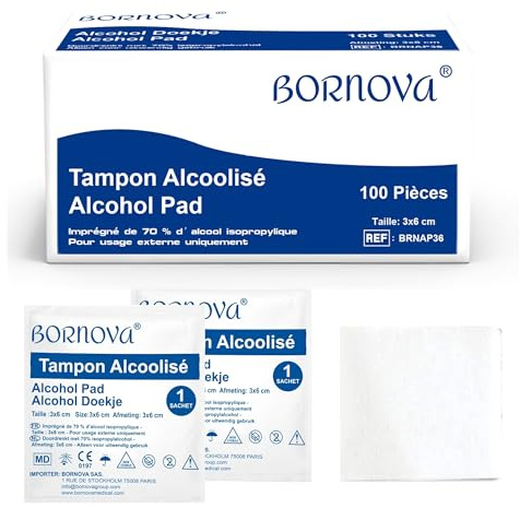 100 PCS – alchl. wipes pre injection pads 3x6 cm – Individually wrapped prep pads with 70% isopro. alc. – wipes for skin preparation before injec., tattoo & piercing, travel object cleaning – BORNOVA